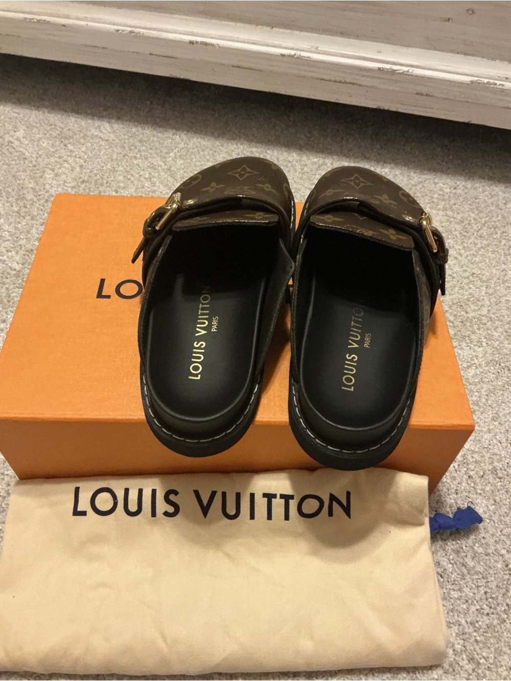 Louis Vuitton Brown Monogram women’s Slip-On Buckle Mules